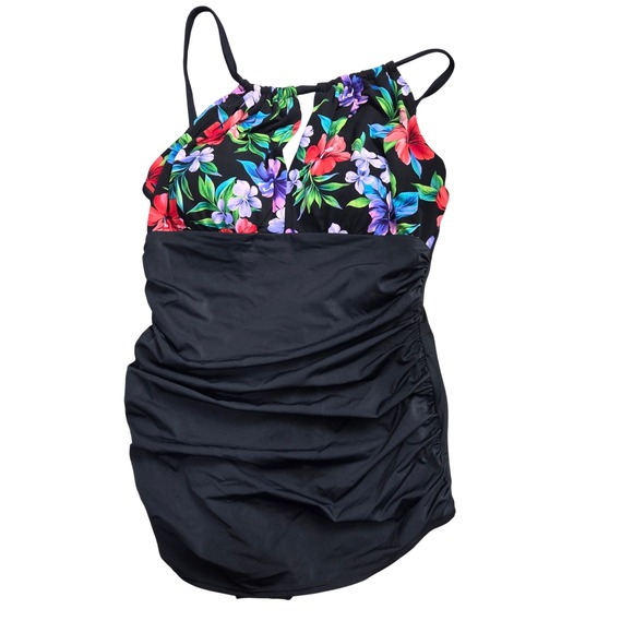 Suddenly Slim by Catalina Other - Suddenly Slim by Catalina Women Black Floral Ruched Swimdress One Piece XL 16-18